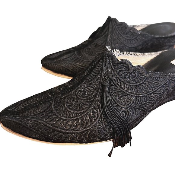 One-of-a-Kind Vintage Embroidered Lace Wedge Mules with Tassels - Picture 4 of 8